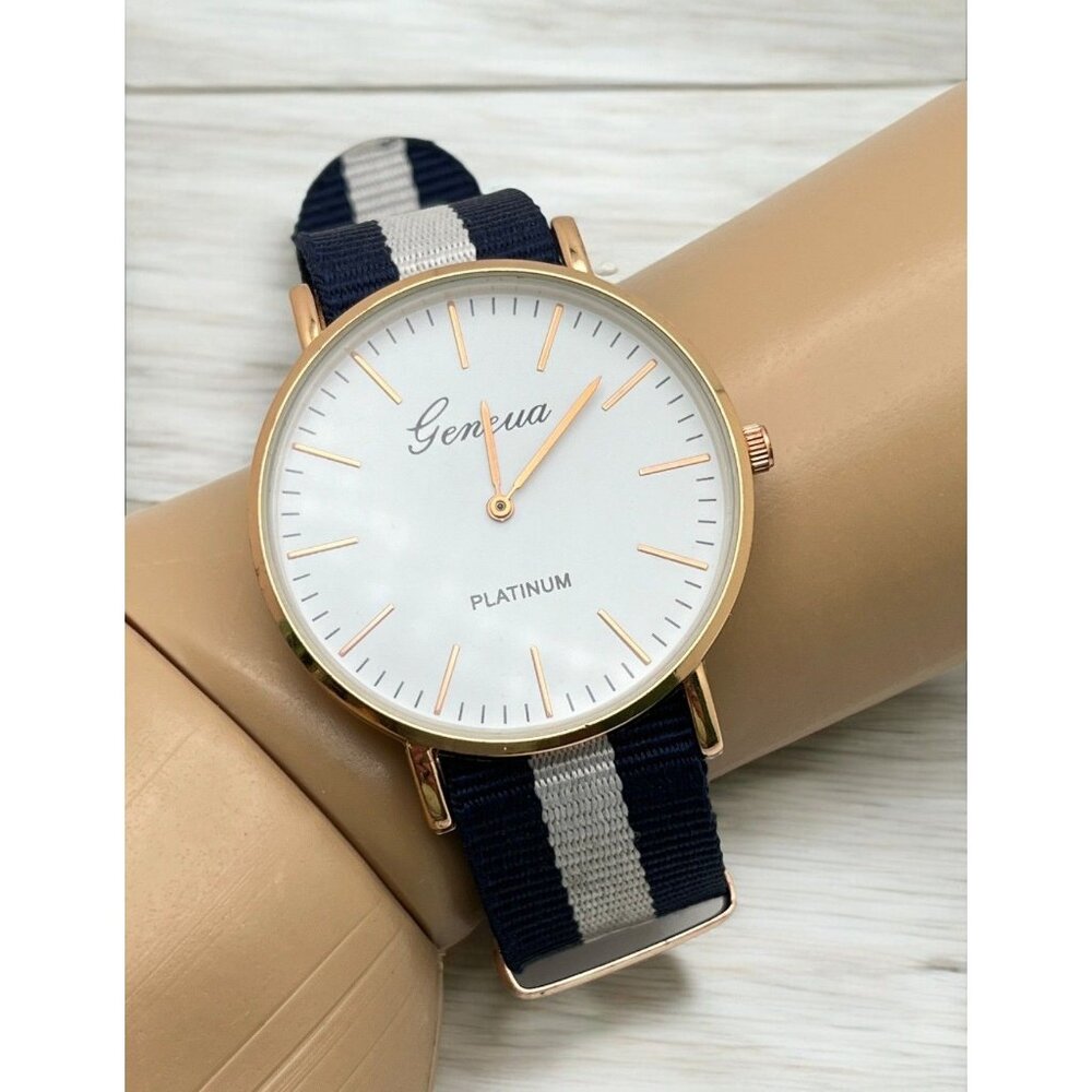 Geneva Platinum Watch Navy Blue and White Striped Nylon Strap Large Face